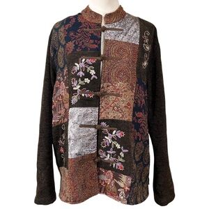 White Stag Brown Boho Art Embroidered Chenille Patchwork Jacket Size L